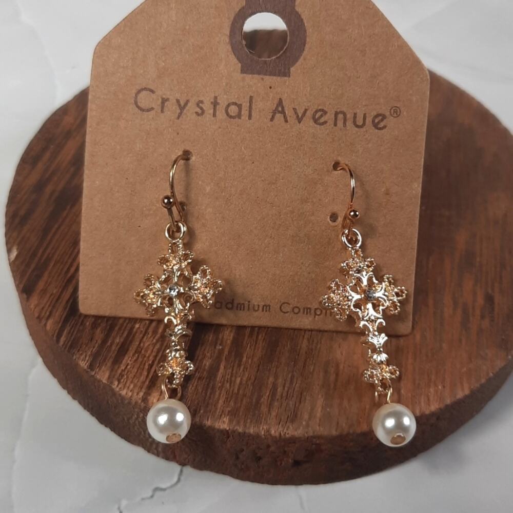 Crystal Avenue Gold Cross Dangle Earrings with Faux Pearl